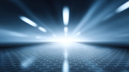Abstract futuristic background with glowing hexagonal pattern and bright light beams creating a sense of depth and movement in blue tones