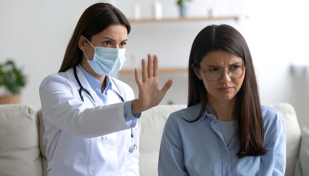 A medical professional, wearing a mask and lab coat, gestures for a patient to stop, causing her to have a frustrated expression