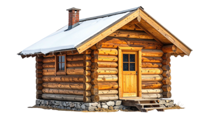 A cozy log cabin with a snowy roof, set against a transparent background