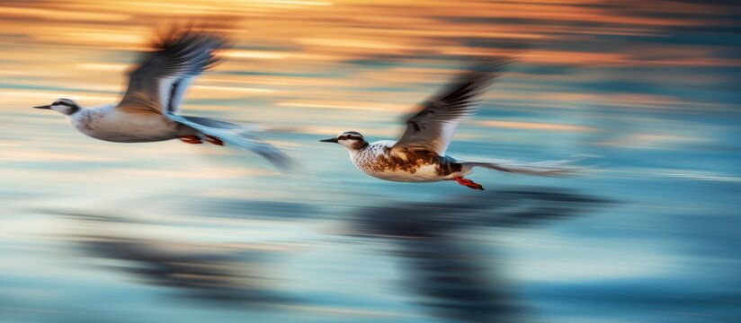 Dynamic motion blur of two wild birds flying over water at sunset.