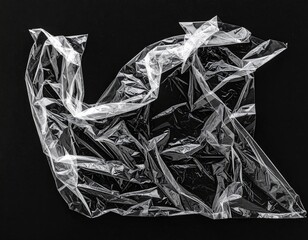 Crumpled, transparent plastic bag against a black background