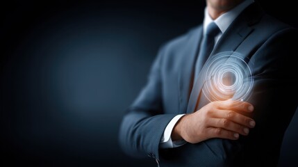Professional businessman in a tailored suit with a digital interface representing innovation, technology, and modern business solutions in his hand