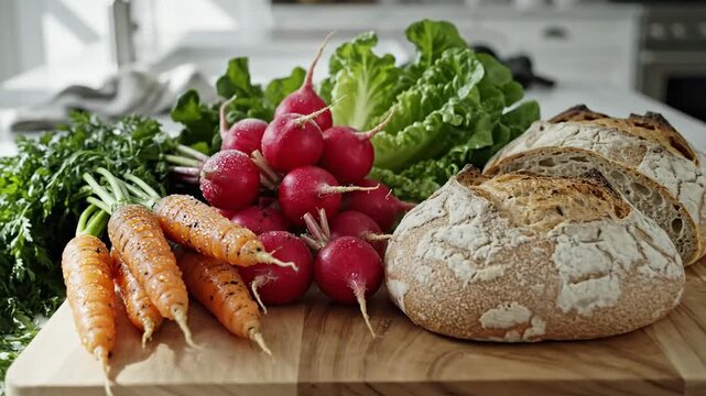 Fresh produce and bread on wooden cutting board in bright kitchen setting