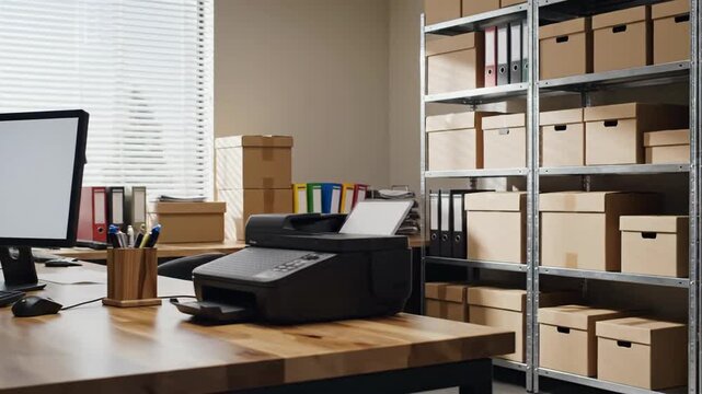 Office workspace with computer printer scanner shelving storage boxes