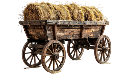 Weathered wooden cart filled with golden hay bales; rustic scene