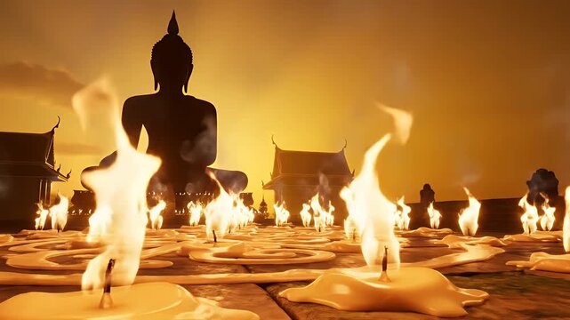 Makha Bucha Day Banner with Candle-Lit Temple and Serene Buddha Silhouette for Devotional Design