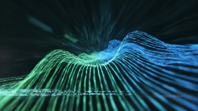 Abstract landscape with wavy, parallel lines radiating upwards in blue and green against a dark background