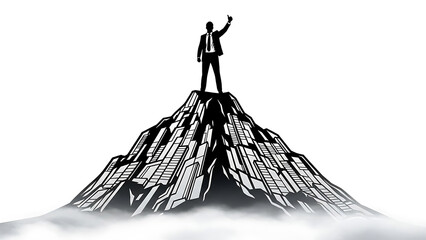 business success achievement concept a triumphant corporate leader stands on an urban city mountain symbolizing ambition leadership.