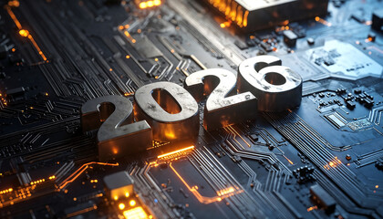 Metallic numbers 2026 displayed on the glowing surface of the microchip