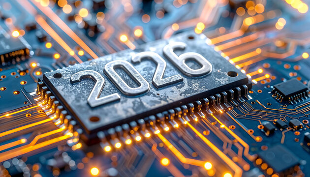 Metallic numbers 2026 displayed on the glowing surface of the microchip - Powered by Adobe