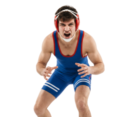 Aggressive Male Wrestler in Blue Singlet and Red Headgear