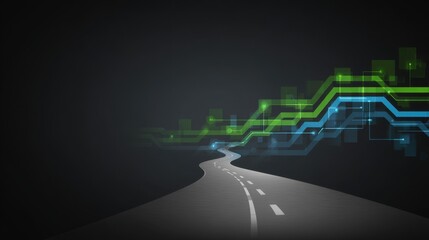 Fototapeta premium Abstract winding road with colorful digital wave patterns in shades of green and blue set against a dark background for modern illustrations or presentations