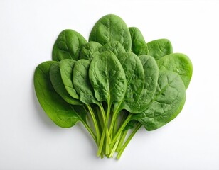 Fresh bunch of green, leafy vegetables against a plain white background
