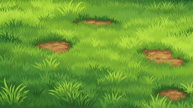 Lush green grass field with scattered brown earth patches, depicted in a vibrant illustration. A natural outdoor ground texture, perfect for spring, summer, and environmental designs