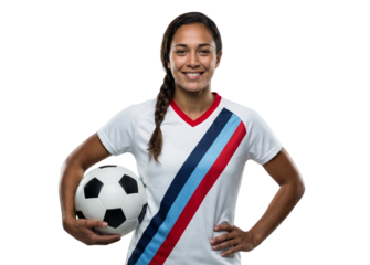 Smiling Female Soccer Player in Striped Jersey Holding Soccer Ball