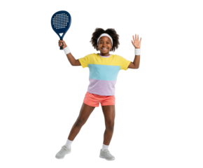 Energetic African American Girl Holding Paddle Racket on White Background