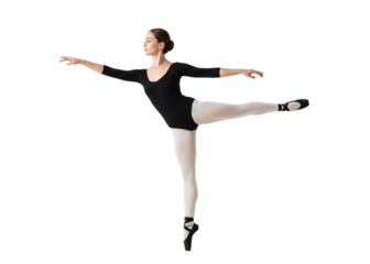 Female Ballet Dancer in Black Leotard and Pointe Shoes Isolated on White Background