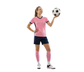 Happy Female Soccer Player Holding Ball Isolated on White Background