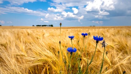 Golden wheat field under a bright blue sky with fluffy white clouds and blooms