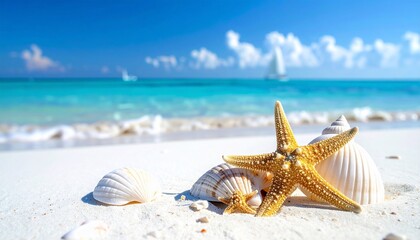 Tropical beach scene with seashells, starfish, white sand, turquoise water, and blue sky