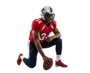 American Football Player in Red and Navy Uniform Kneeling with Ball on White Background