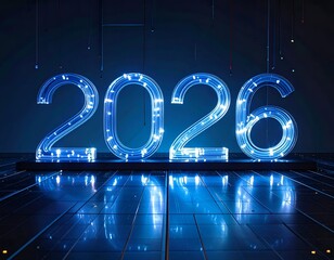 Illuminated blue neon digits form the year 2026, futuristic background