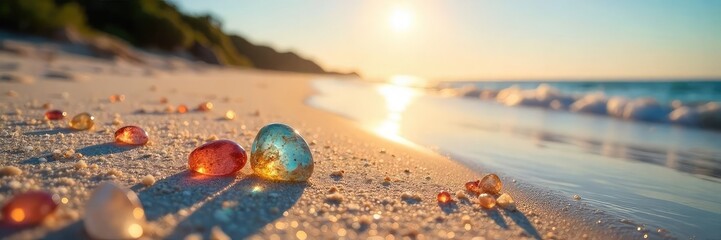 Sun-kissed beach, glittering jewels scattered across the sand at low tide, reflecting sunlight A tranquil scene of nature's hidden treasures , pearl, nature, coast