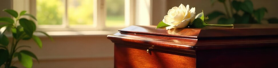 A polished mahogany casket rests on a stand, adorned with a single, elegant white rose, marking a solemn anniversary  Sunlight streams through a nearby window, casting a gentle glow ,  death,  window