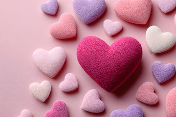 Obraz premium Valentine's Day composition. Heart on pale pink background. Flat lay, top view Love concept.