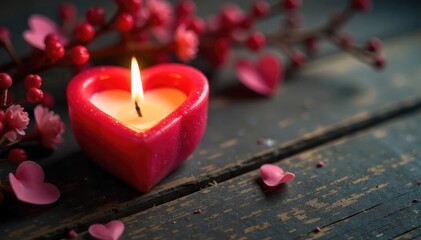 A heart-shaped candle, elegantly crafted, sits on a rustic wooden surface Its warm glow creates a romantic and cozy ambiance, perfect for Valentine's Day or any special occasion , decor, wood