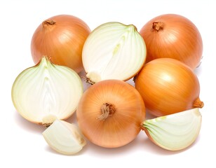 Several whole and halved golden brown onions against a white backdrop