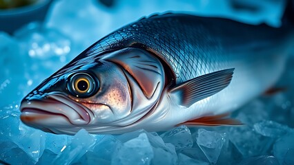 seabass. Close-up of fresh sea bass on ice, its glistening scales highlighted in cool blue tones. menu design, packaging mockups, designed for culinary blogs and recipe cards for restaurants.