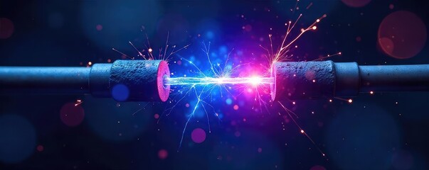 Close-up shot of a glowing electric arc, vibrant blue and purple energy sparking between two electrodes  Perfect for science, technology, and energy concepts ,  neon,  current,  lightning