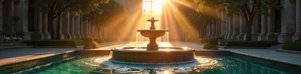 Serene church fountain scene, sunlight glistening on the water, peaceful atmosphere, perfect for religious or tranquil themes ,  quiet,  sculpture,  symmetry