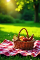 A checkered blanket spread on a vibrant green lawn, laden with a wicker basket overflowing with summer picnic delights Sunbeams dappling through leaves overhead , summer, melon, strawberries