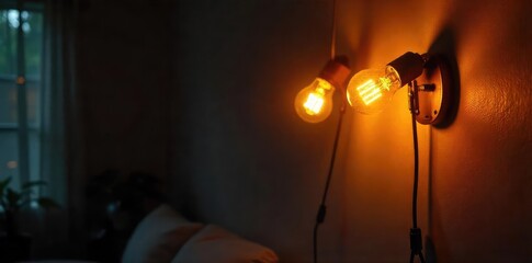 Warm incandescent light bulbs illuminate a dark room, casting soft shadows on the walls  Perfect for ambiance, home decor, and interior design projects , style, comfort, lighting design