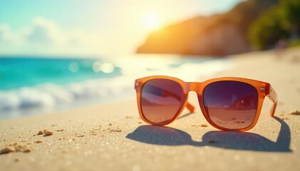Stylish sunglasses resting on a vibrant summer beach scene, reflecting the sun's golden rays Perfect for travel, vacation, and summer themes , sun, blue