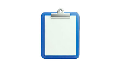 3D Blue Clipboard with Blank Paper and Silver Clip on transparent background