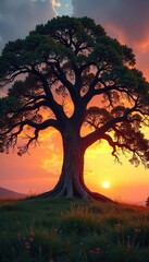 A majestic, ancient oak tree stands tall, its gnarled branches reaching towards a vibrant sunset, symbolizing the enduring power and wisdom of nature , old, branches
