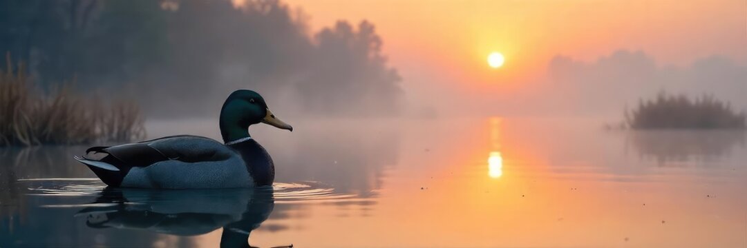 A lone duck decoy sits patiently in a foggy marsh at sunrise, awaiting the arrival of unsuspecting waterfowl The tranquil scene reflects the stillness before the hunt , shotgun, gun, serene