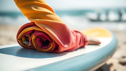 rashguard. A colorful rolled-up rashguard resting on a surfboard at the beach. event key visuals, club posters, designed for fitness apps and gym onboarding, drives event promotion.