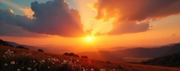 Golden sunbeams pierce through the clouds during a breathtaking sunset, casting long shadows and illuminating the landscape with warm, vibrant hues , serenity, cloud formations, awe inspiring