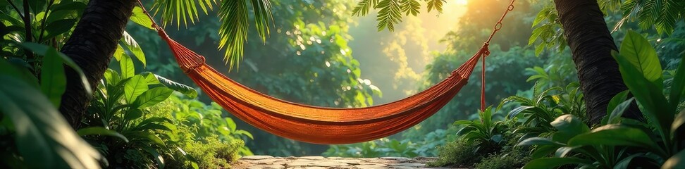 Relaxing hammock sways gently in a lush, tropical garden, sunlight dappling through leaves Perfect escape, peaceful serenity, tranquil scene , foliage, quiet
