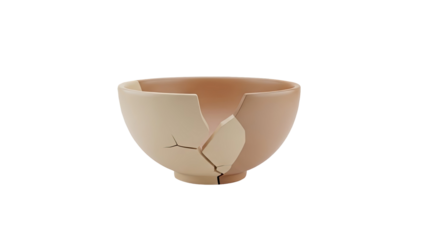 3D Broken ceramic bowl with cracked pieces on transparent background