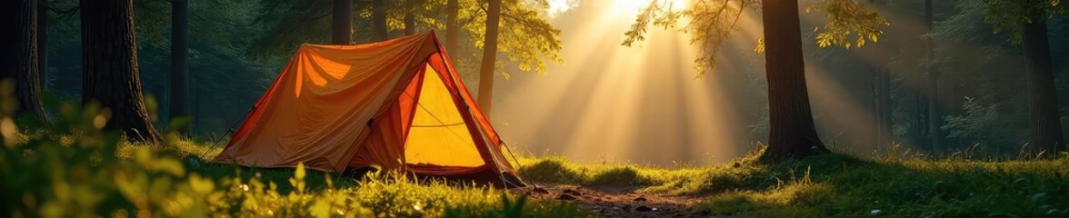 A cozy tent pitched in a lush forest clearing, bathed in the warm glow of morning sunlight Ready for adventure and relaxation in nature's embrace , travel, leaves, ecology