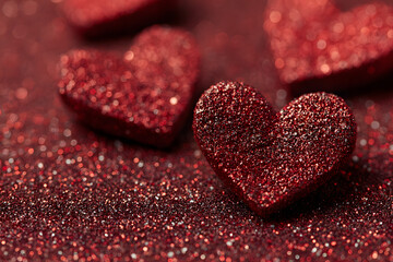 Sparkling hearts. Heart shape red glitter bright background. Flat lay. Love symbol, Valentine's Day holiday greeting card.