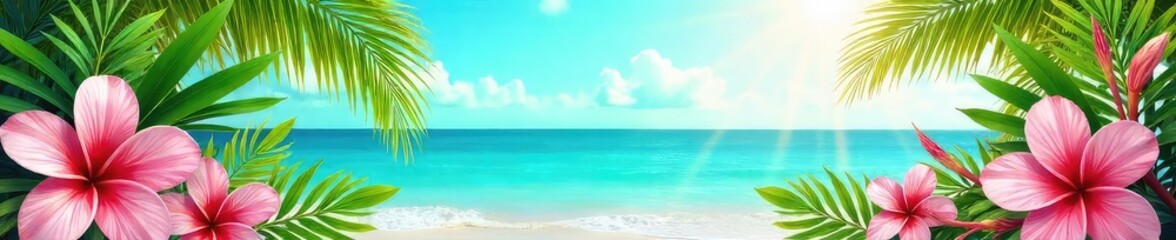 Vibrant summer holiday flyer design featuring tropical leaves, exotic flowers, and a sun-drenched beach scene, perfect for travel, vacation, or promotional use , beach, sky