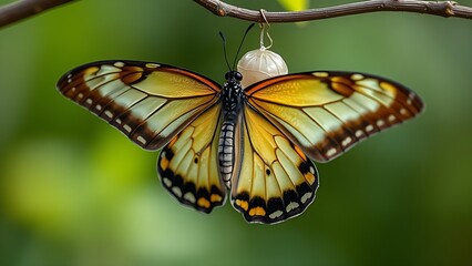 Fototapeta premium chrysalis. Butterfly emerging from its chrysalis, wings unfolding in transformation. wildlife magazines, conservation campaigns, designed for nature documentaries and education, used by professors.