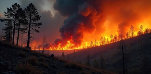 Fiery orange and black smoke billows from a raging forest fire, consuming dry trees and underbrush in a desolate landscape The intense heat and devastation are palpable , smoke, black