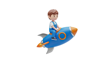 3D Boy riding a rocket ship on transparent background